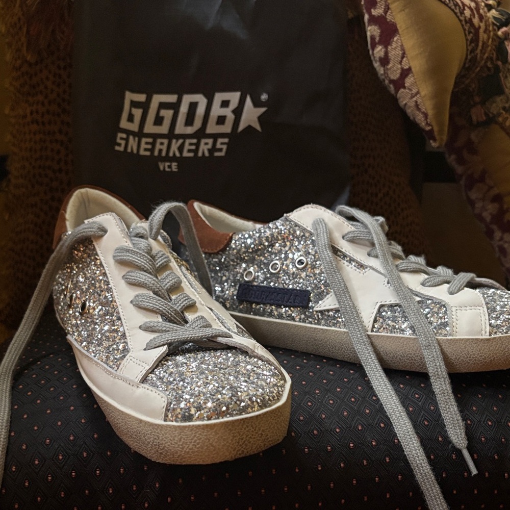 Golden Goose Silver Glitter and White Sneakers